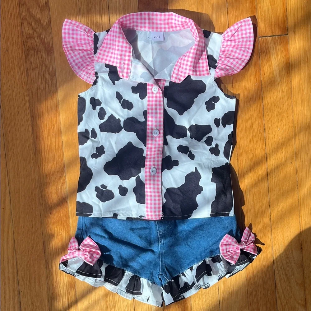 Cow Print Top and Denim Shorts Set - Picture 1 of 4